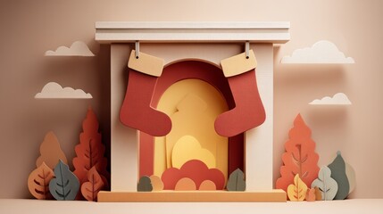 Fototapeta premium Cozy Paper Art Fireplace with Christmas Stockings and Colorful Decorations