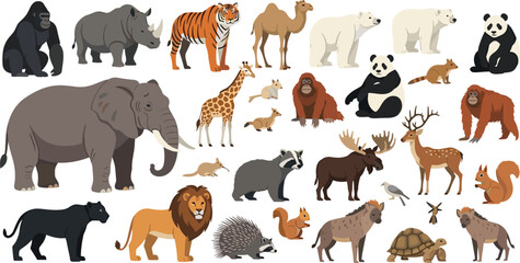 Wild Animals Collection with Elephant Lion Tiger Panda Giraffe Deer Gorilla Wildlife Vector Illustration Set © Sohel