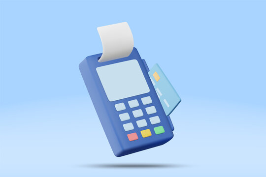 3D vector illustration of blue POS terminal with credit card and printed receipt on pastel blue background. Concept for cashless payment business transaction finance banking retail shopping.
