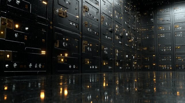 A dark room with rows of computer servers and lights reflecting off the shiny floor