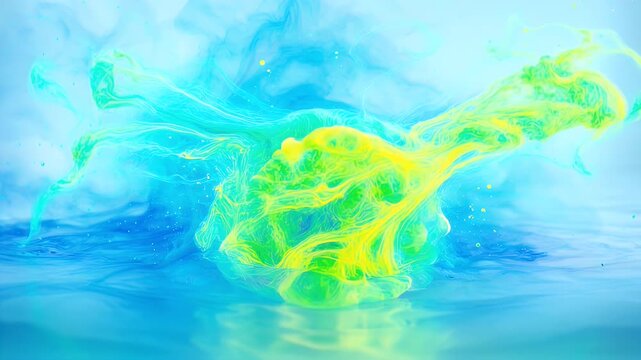 Vibrant green-yellow ink swirls dynamically in deep blue liquid amidst ethereal turquoise mist