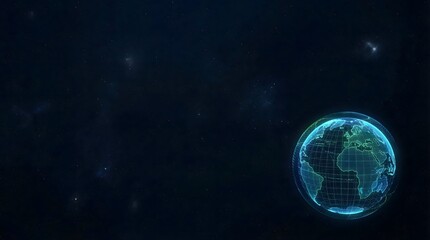 Obraz premium Futuristic glowing holographic earth sphere composed of interconnected digital data points and particles floating in a dark starry nebula representing global network technology