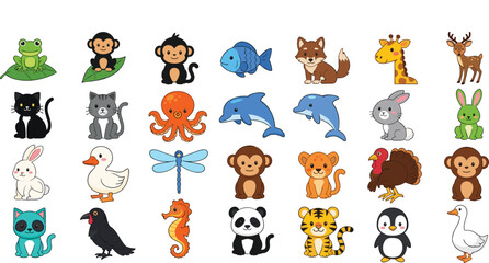 Fototapeta premium Cute Cartoon Animals Collection Monkey Panda Tiger Dolphin Rabbit Vector Illustration Set