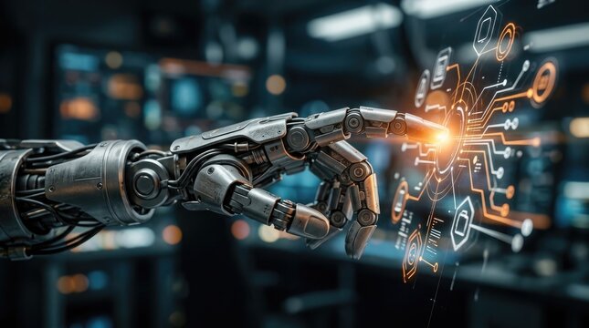 A robotic hand interacting with a futuristic glowing circuit board in a high tech environment with blurred background