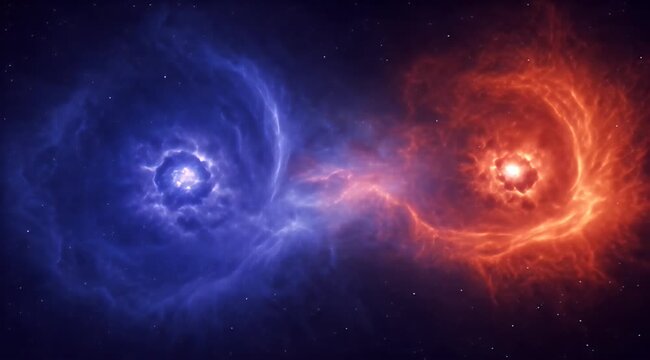 Two vibrant nebulae, blue and red, swirl and interact dynamically in the deep cosmic void