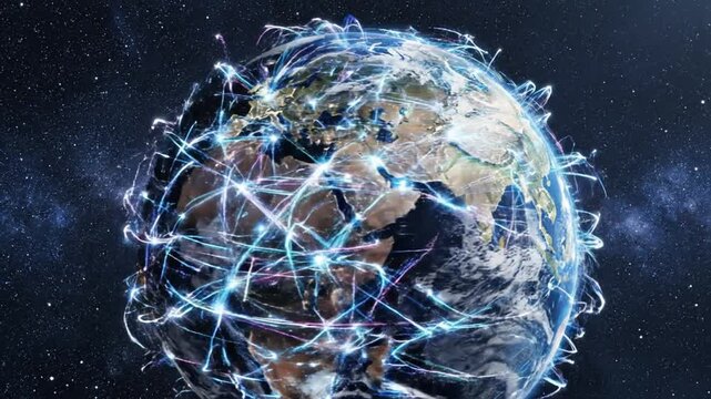 Global Network: An abstract representation of the interconnected world, highlighting the power of global networks and digital communication through radiant lines overlaid on the Earth. 
