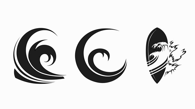 Monochrome artwork depicts abstract waves & a surfboard in a dynamic, graphic style