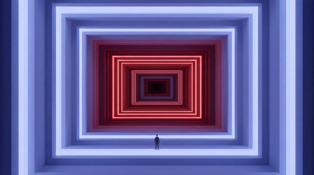 Tiny human silhouette neon violet tunnel surreal 3D conceptual art
