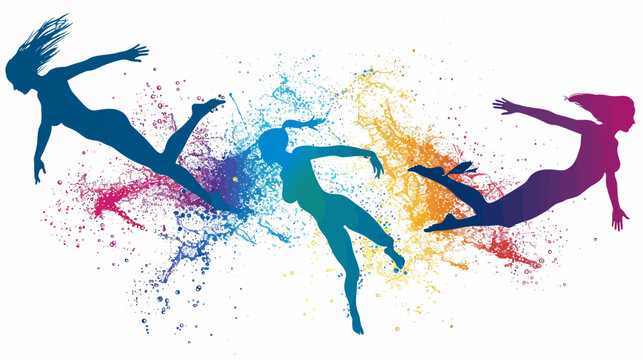 Three silhouettes of women amidst exploding multicolored paint on a white background