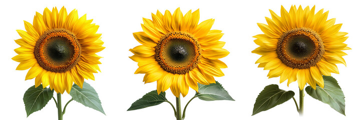 Obraz premium Three bright yellow sunflowers on stems isolated nature decor transparent or white background