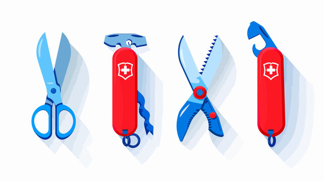 Flat illustration of four tools scissors, multi-tool knife, serrated scissors, and bottle opener