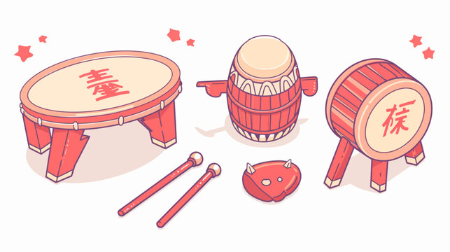 A pixelated illustration of traditional instruments and a drum cover on a white background
