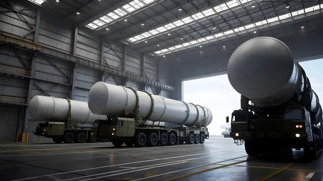 Large strategic missile systems on transport vehicles in industrial hangar