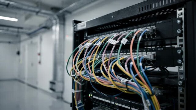New install in progress showing neatly organized network cables feeding into a telecom rack with the rest of the room softly out of focus.