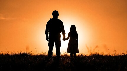 Fototapeta premium A soldier and a little girl hold hands standing on a grassy hill against a vibrant orange sunset