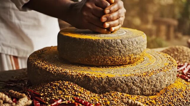 Traditional grinding of spices using stone mortar and pestle with vibrant yellow turmeric and red chilies in rustic kitchen.