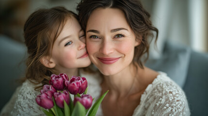 Elegant lifestyle scene in a bright living room where a daughter holding pink tulips receives a loving kiss from her mother, pastel colored decor and soft curtains framing the mome
