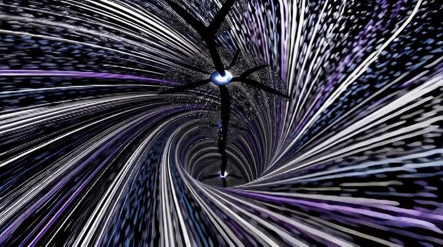 Abstract vortex tunnel of swirling particles and light creating a sense of depth mystery and futuristic technology for backgrounds and digital art projects