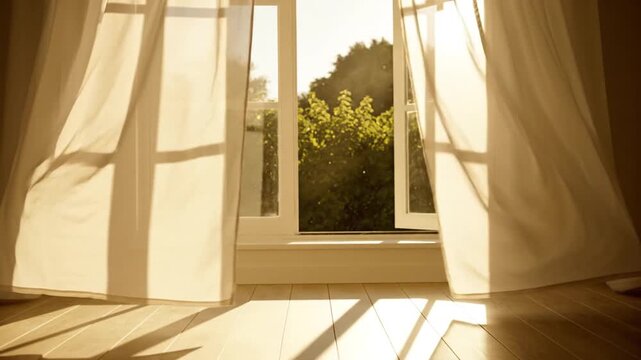 A Glimpse of Serenity: Light streams through an open window, caressing the soft, flowing curtains and illuminating a tranquil space, offering a peek at the verdant world outside.