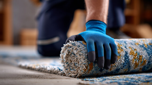 Construction and renovation concept with faceless worker&acirc;s hands in gloves rolling a bulky old carpet away from the floor, detailed focus on carpet fibers, accumulated dust and deb