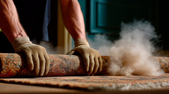 Realistic home renovation scene featuring gloved hands carefully rolling up a textured vintage carpet, dust clouds forming as the carpet lifts from the floor, empty room background