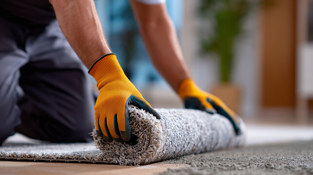 Construction and renovation concept with faceless worker&acirc;s hands in gloves rolling a bulky old carpet away from the floor, detailed focus on carpet fibers, accumulated dust and deb