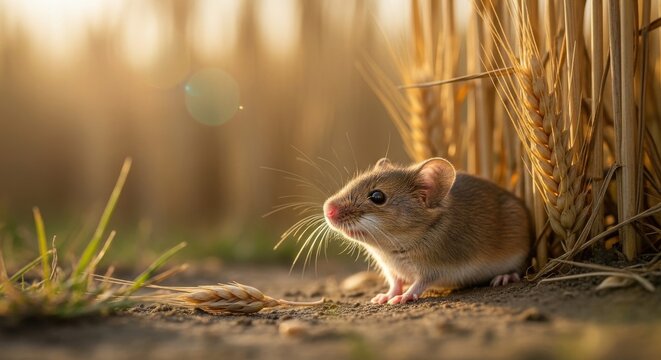 Tiny field mouse emerges cautiously from a wheat field at sunset, seeking sustenance.