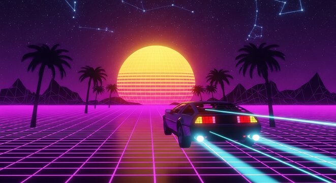 Retro Futuristic Car Driving Towards a Neon Sunset on a Grid Landscape.