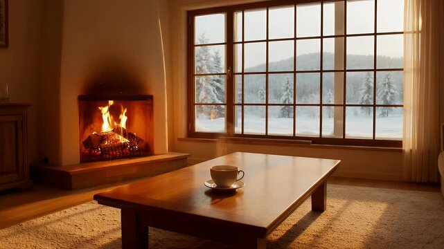 Inviting room with glowing fireplace, steaming cup on table, large window to snowy winter
