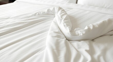 Fototapeta premium Unmade White Bed with Wrinkled Sheets and Comforter.