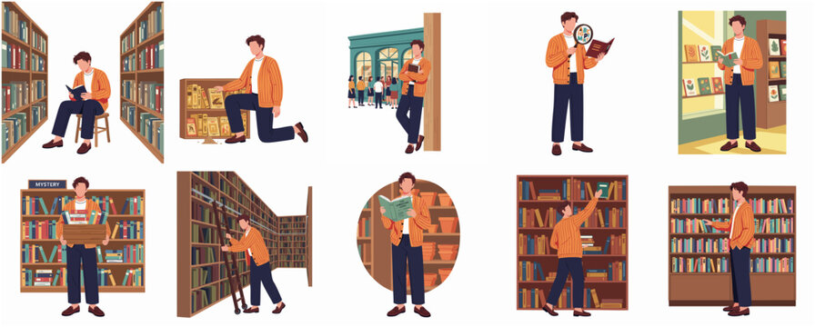 Minimalist Style Man Enjoying Reading at Bookstore Collection Illustration