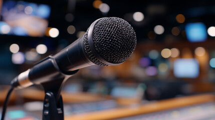 Obraz premium Macro close-up of press podium microphone connections, braided and rubber-coated cables converging into ports, shallow depth of field with out-of-focus podium and notes, subtle lig