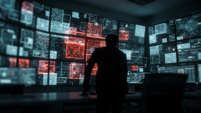 Focused view on a control center multiscreen wall showing realtime system alerts with vivid red warnings while other details remain softly out of focus.