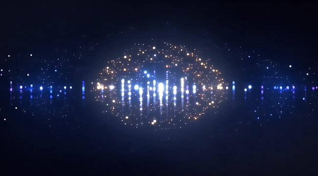 Abstract blue-purple digital equalizer bar with central white glow and sparkling particles
