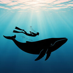 Naklejka premium Silhouette of a whale and a snorkeler underwater with sunbeams