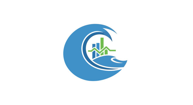 Blue wave logo with cityscape.