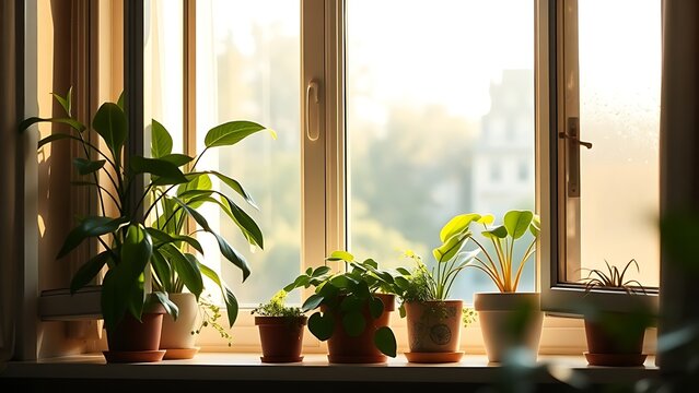 hesperidium. Potted plants being moved to a sunny windowsill with warm morning light. lifestyle magazines, social media lookbooks, designed for influencer and brand collaborations.
