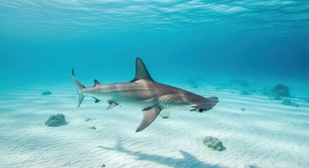 Fototapeta premium Majestic Hammerhead Shark Swimming Gracefully in Clear Tropical Ocean Waters
