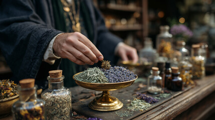 Fototapeta premium Side close-up of a brass scale with dried herbs, herbalist gently placing sage and lavender, rustic counter with glass bottles and dried flowers, natural sunlight creating reflecti