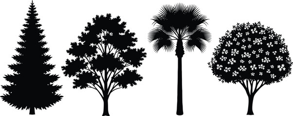 Fototapeta premium Set of four black tree silhouettes including pine oak palm and flowering fruit tree isolated on white background for nature design