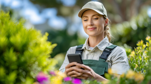 Wide composition of a happy woman gardener in park, mid-prune with shears, glancing at smartphone for guidance, surrounded by bright green shrubs and colorful flowers, sunlit atmos