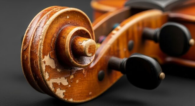 old violin scroll and tuning pegs.