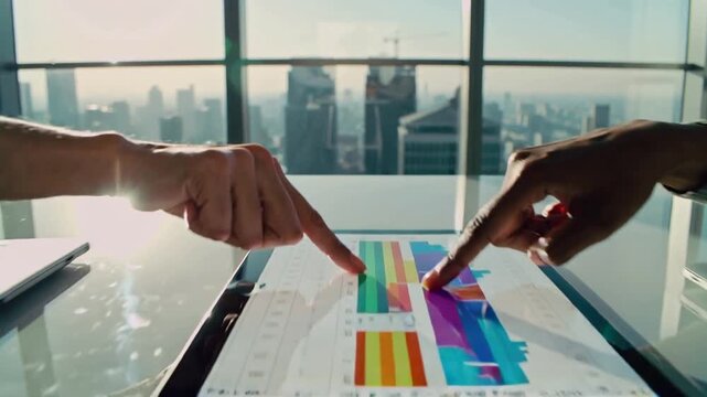 Collaborative team discussion around tablets and documents in a modern office