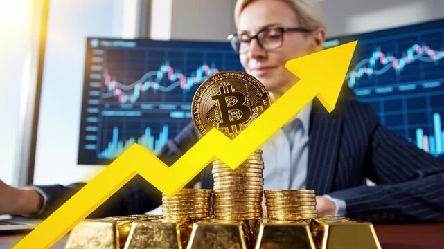 Businesswoman holding bitcoin on stack of gold coins with yellow arrow