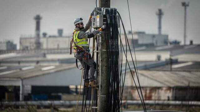 Industrial district fiber laying operation featuring a technician climbing a pole cables sharply in focus against outoffocus factory buildings.