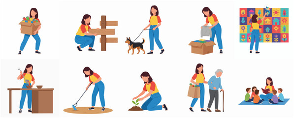 Fototapeta premium Colorful Flat Illustration Young Woman Doing Various Volunteer Activities Icon Set