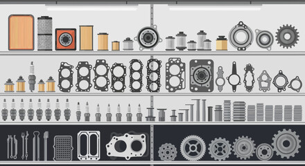 Fototapeta premium Automotive Parts Shelf Display: Engine Components, Filters, Gaskets, Gears