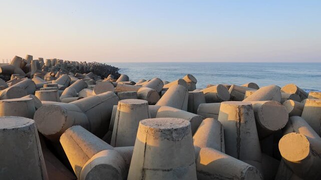 concrete tetrapod sea wave breakers forming coastal breakwater protection along ocean shoreline