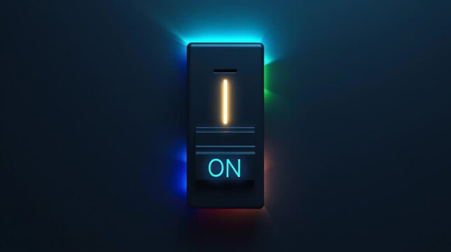 Illuminated On Switch: A close-up shot of a modern switch glowing with neon light, illuminating the word ON, on a dark surface, symbolizing activation and progress.