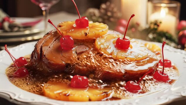 Delicious Baked Ham with Pineapple and Cherries on a Plate.